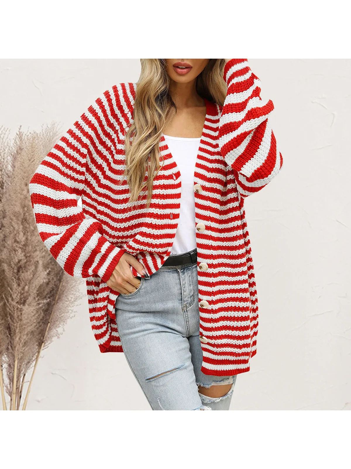 NicholesGifts Women Striped Button Down Long Sleeve Cardigan