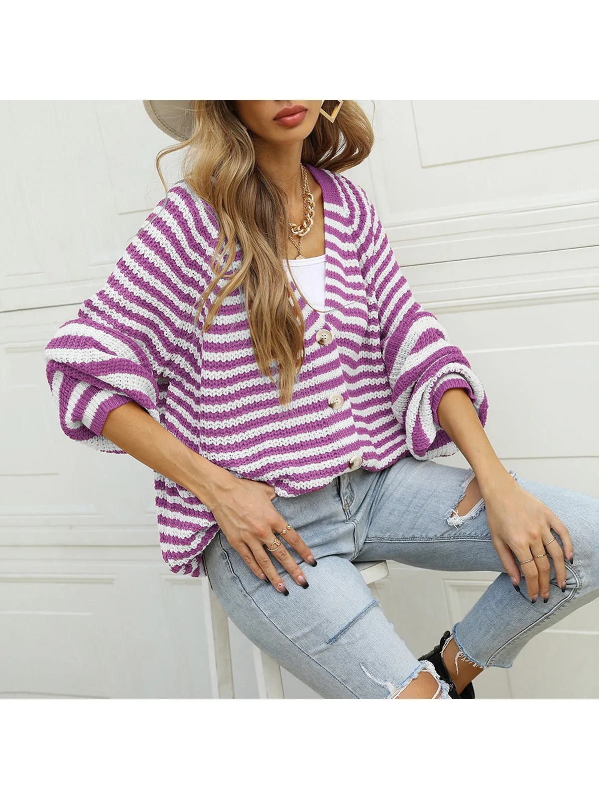 NicholesGifts Women Striped Button Down Long Sleeve Cardigan