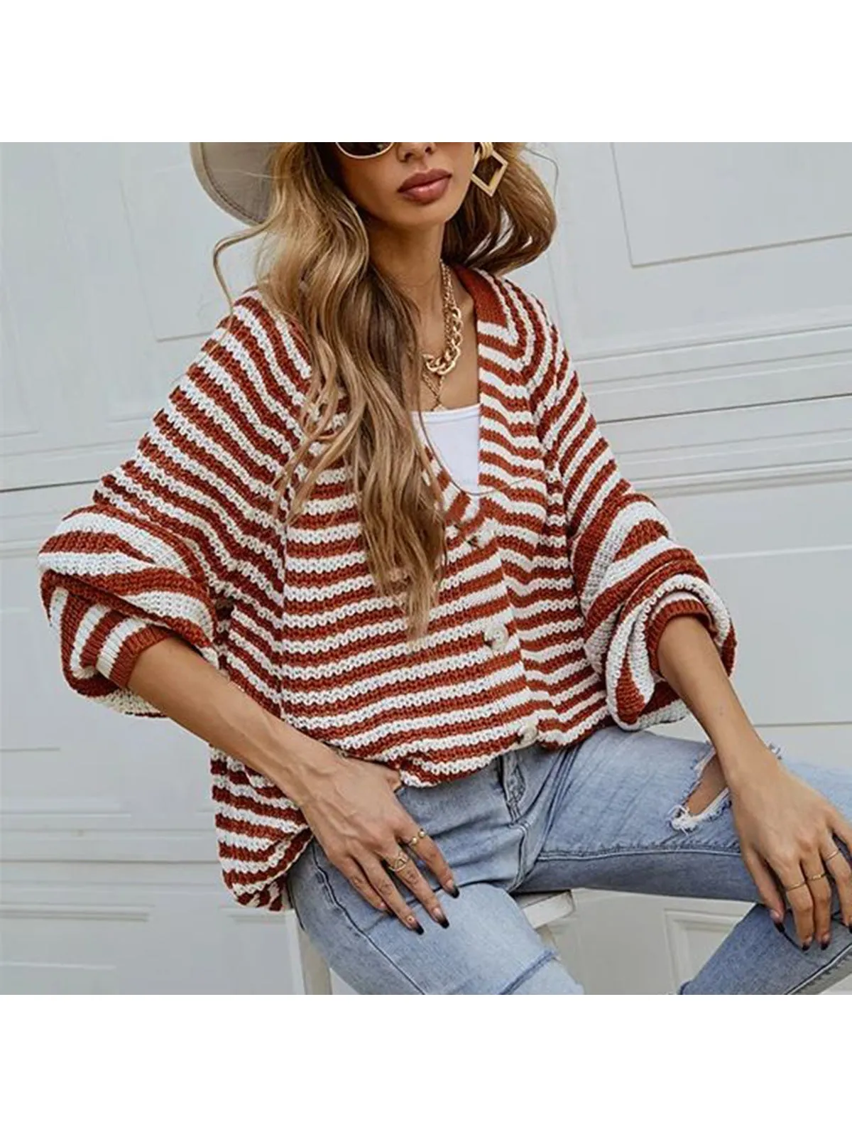 NicholesGifts Women Striped Button Down Long Sleeve Cardigan