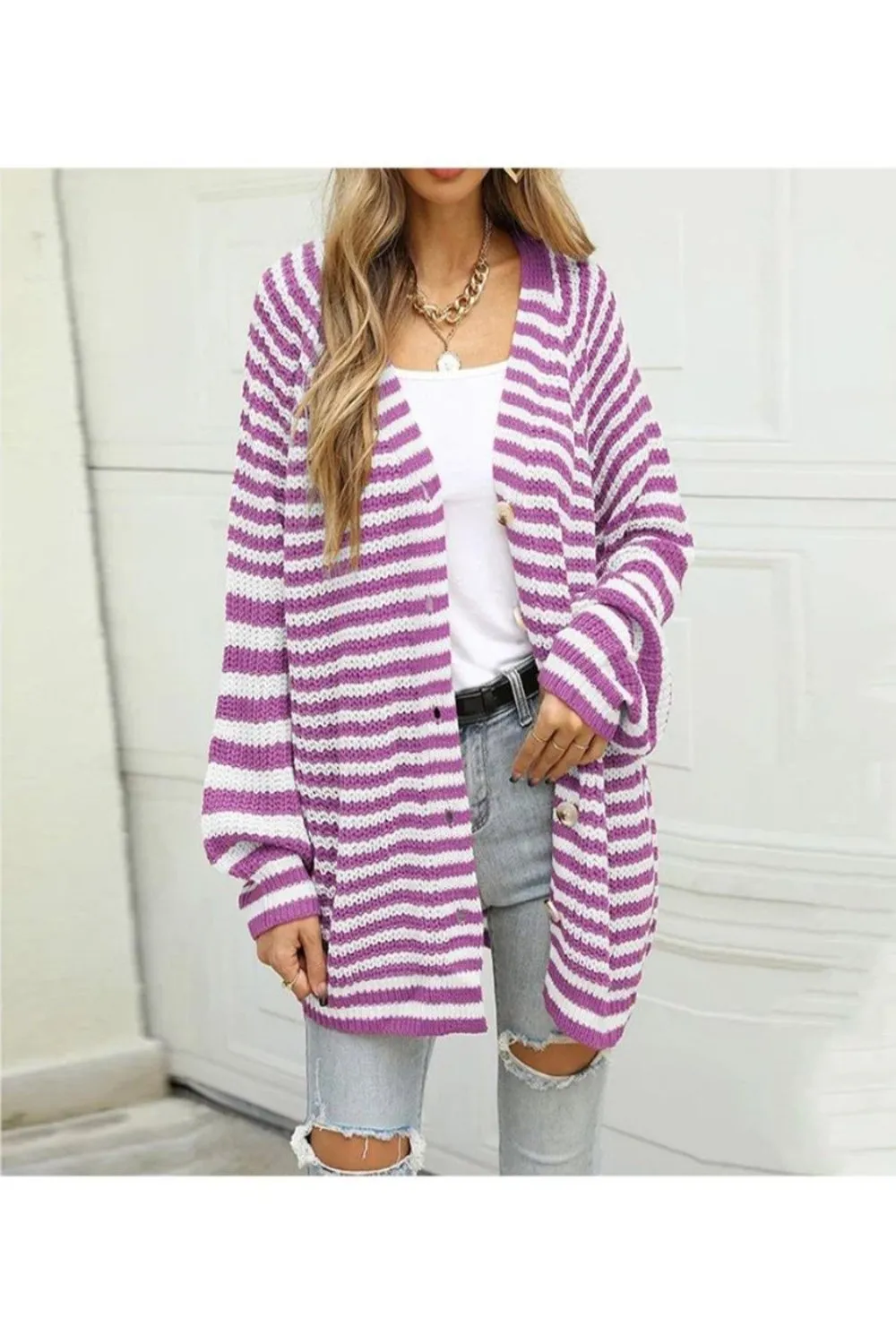 NicholesGifts Women Striped Button Down Long Sleeve Cardigan