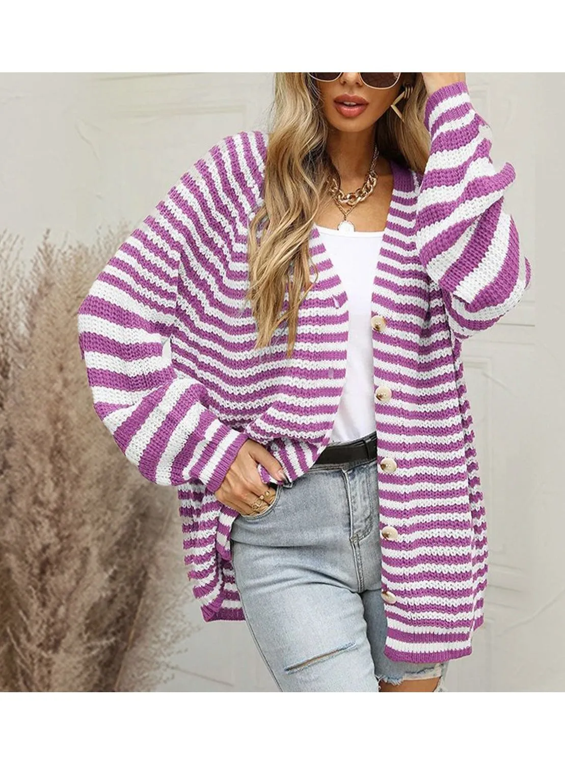 NicholesGifts Women Striped Button Down Long Sleeve Cardigan