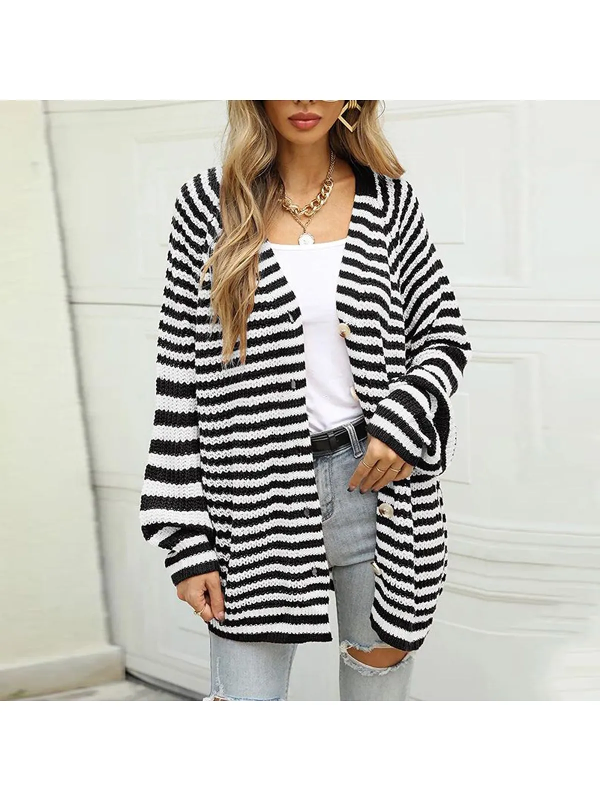 NicholesGifts Women Striped Button Down Long Sleeve Cardigan