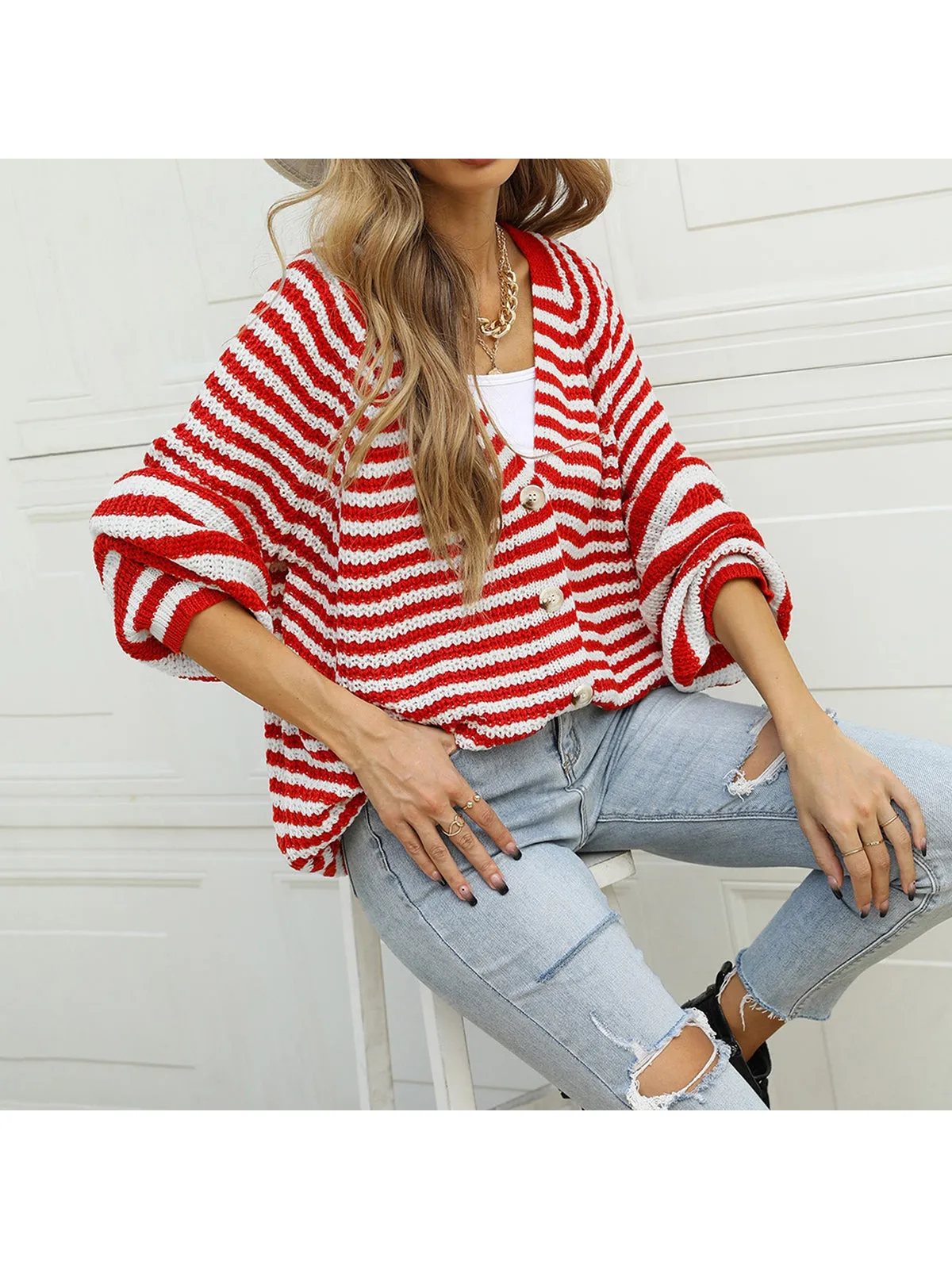 NicholesGifts Women Striped Button Down Long Sleeve Cardigan