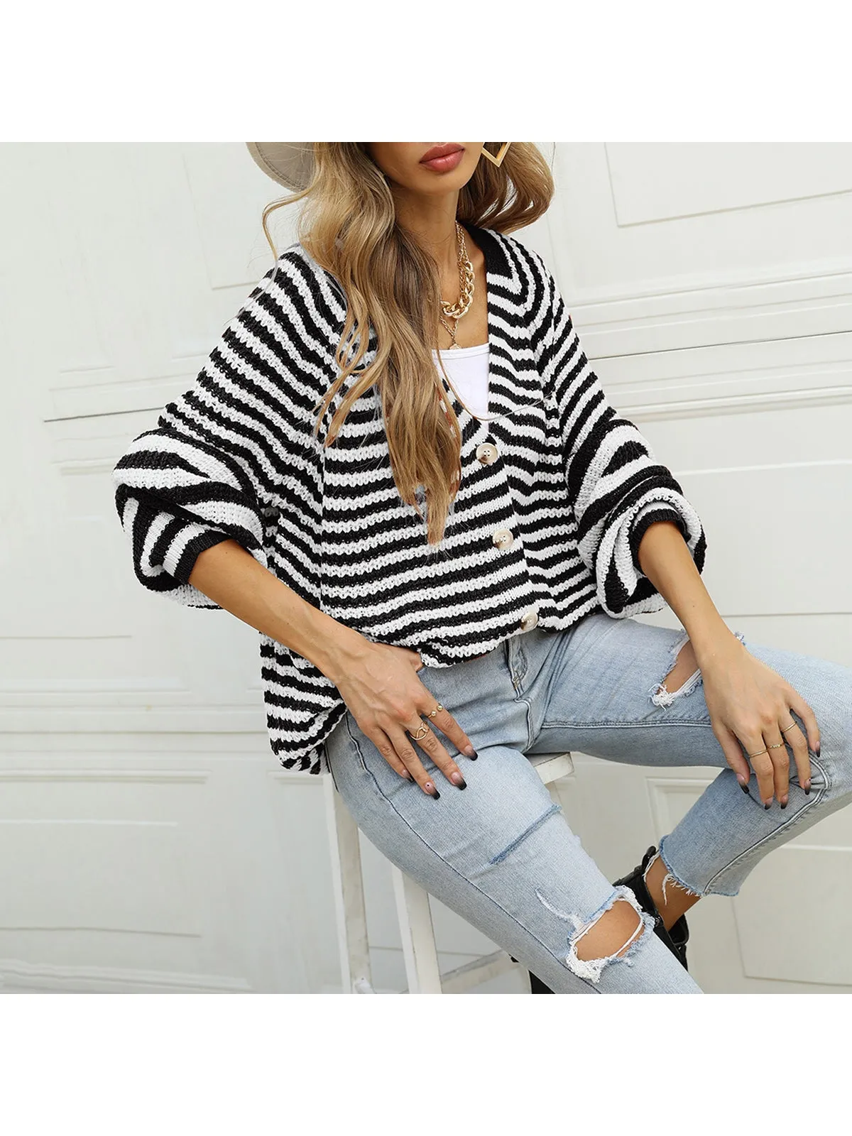 NicholesGifts Women Striped Button Down Long Sleeve Cardigan