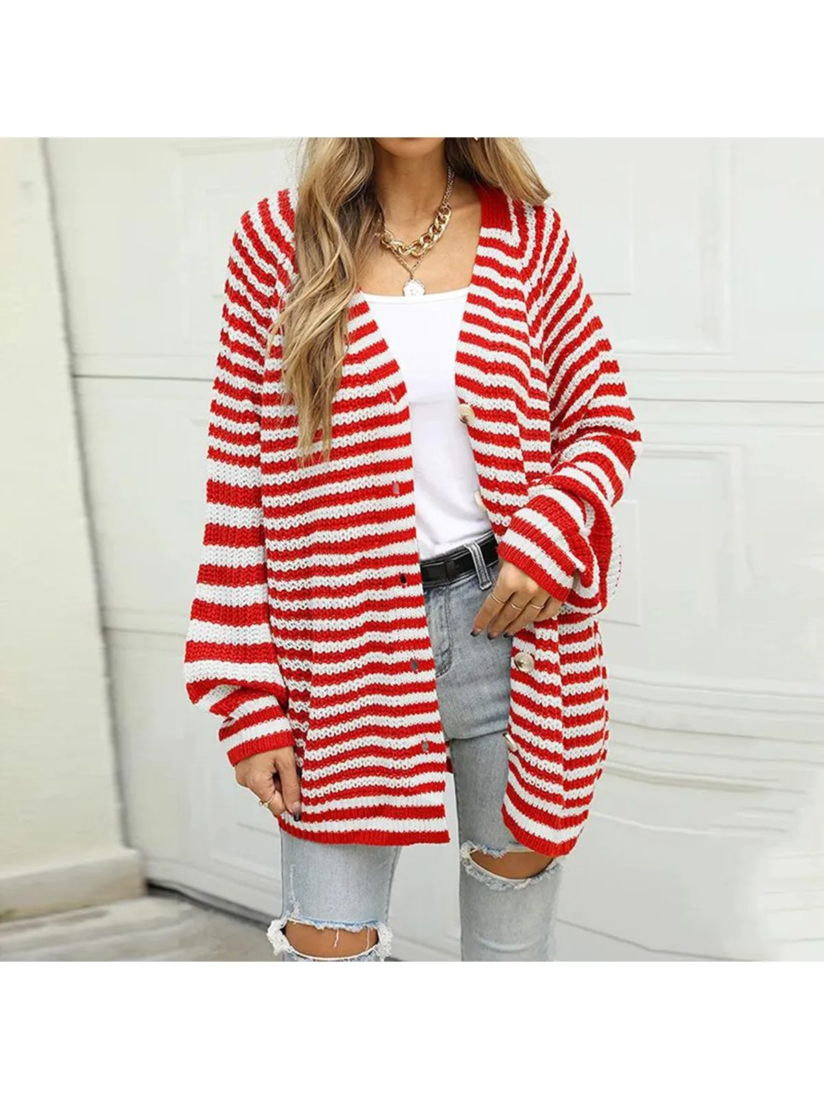 NicholesGifts Women Striped Button Down Long Sleeve Cardigan