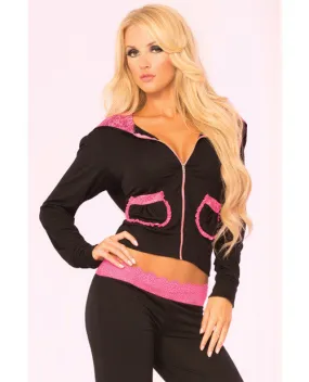 Pink Lipstick Loungewear Lace Trim Cropped Hoodie Black Sm