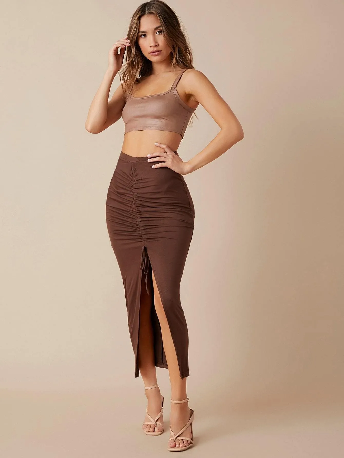 Ruched Knot Front Split Thigh High Waist Skirt