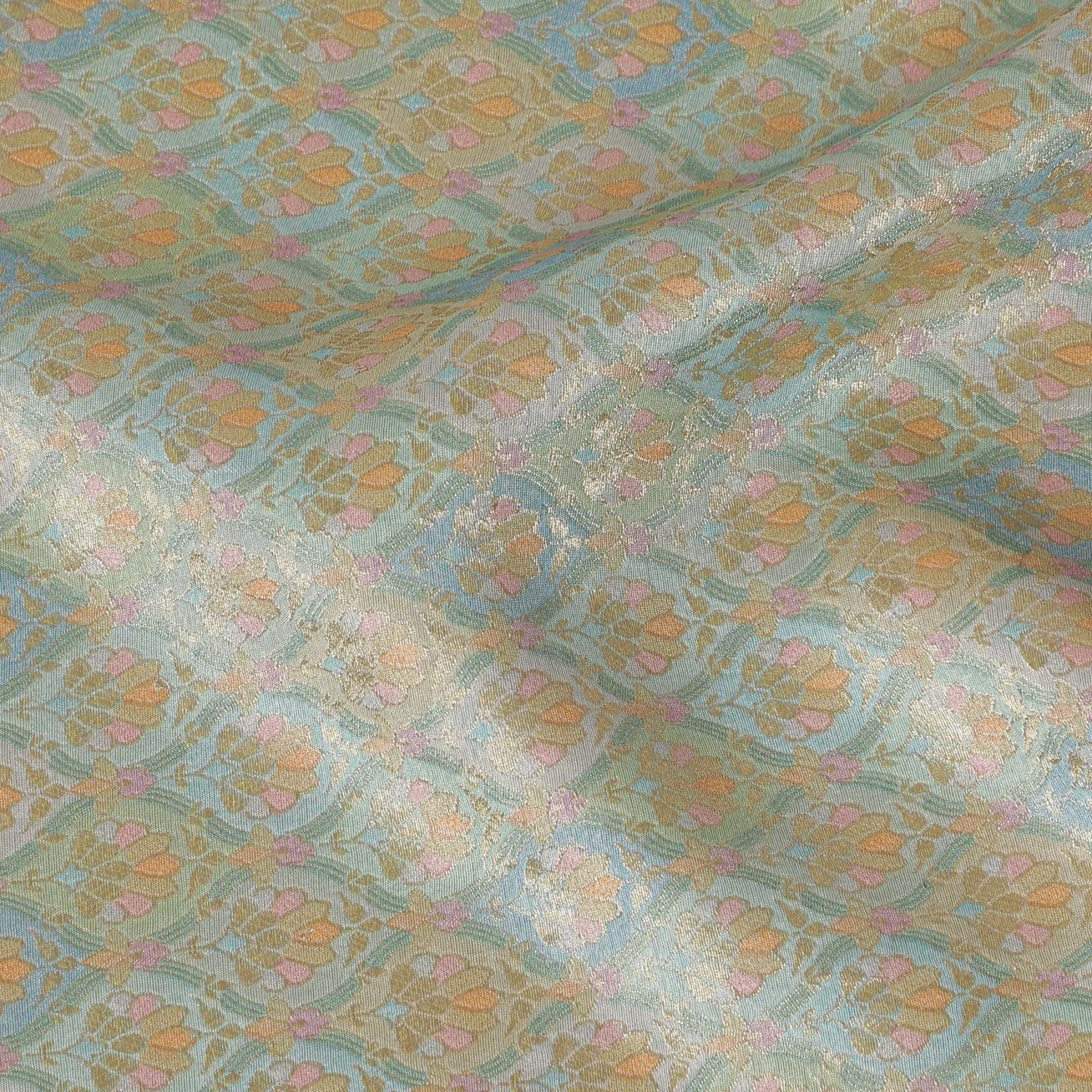 Silk Brocade Fabric with Mint Green and Gold Floral Design, 110 cm Width, Indian Origin-D19755