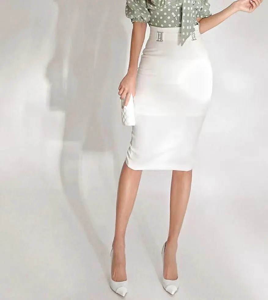 Silver Buckle Pencil Mid Skirt