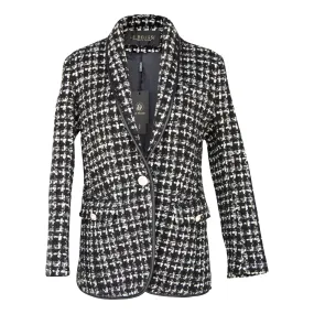 Sophisticated Black and White Tweed Blazer with Luxurious Pearl Details