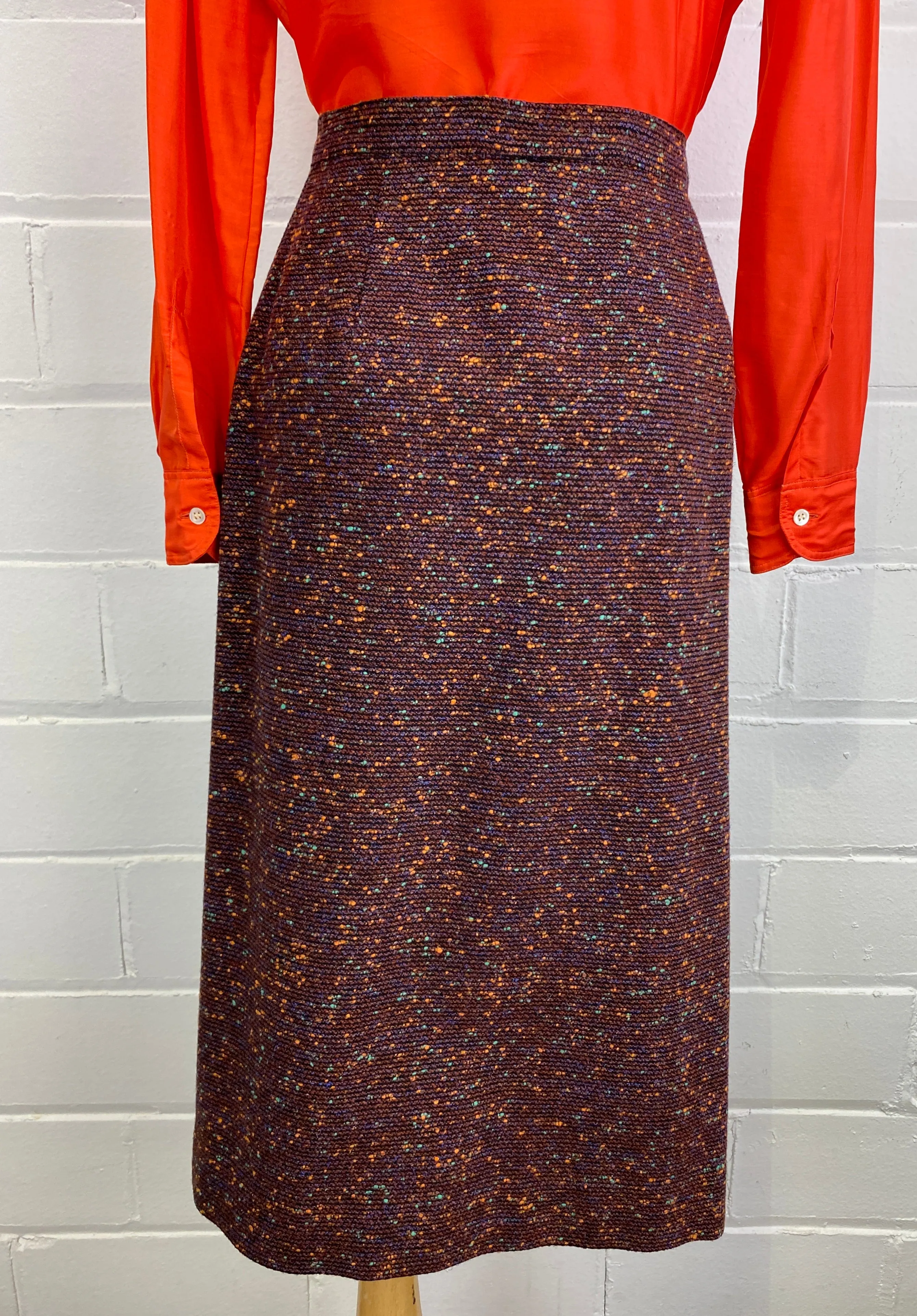 Vintage 1950s Brown Bouclé Wool Pencil Skirt,  Blue and Orange Flecks, 25W