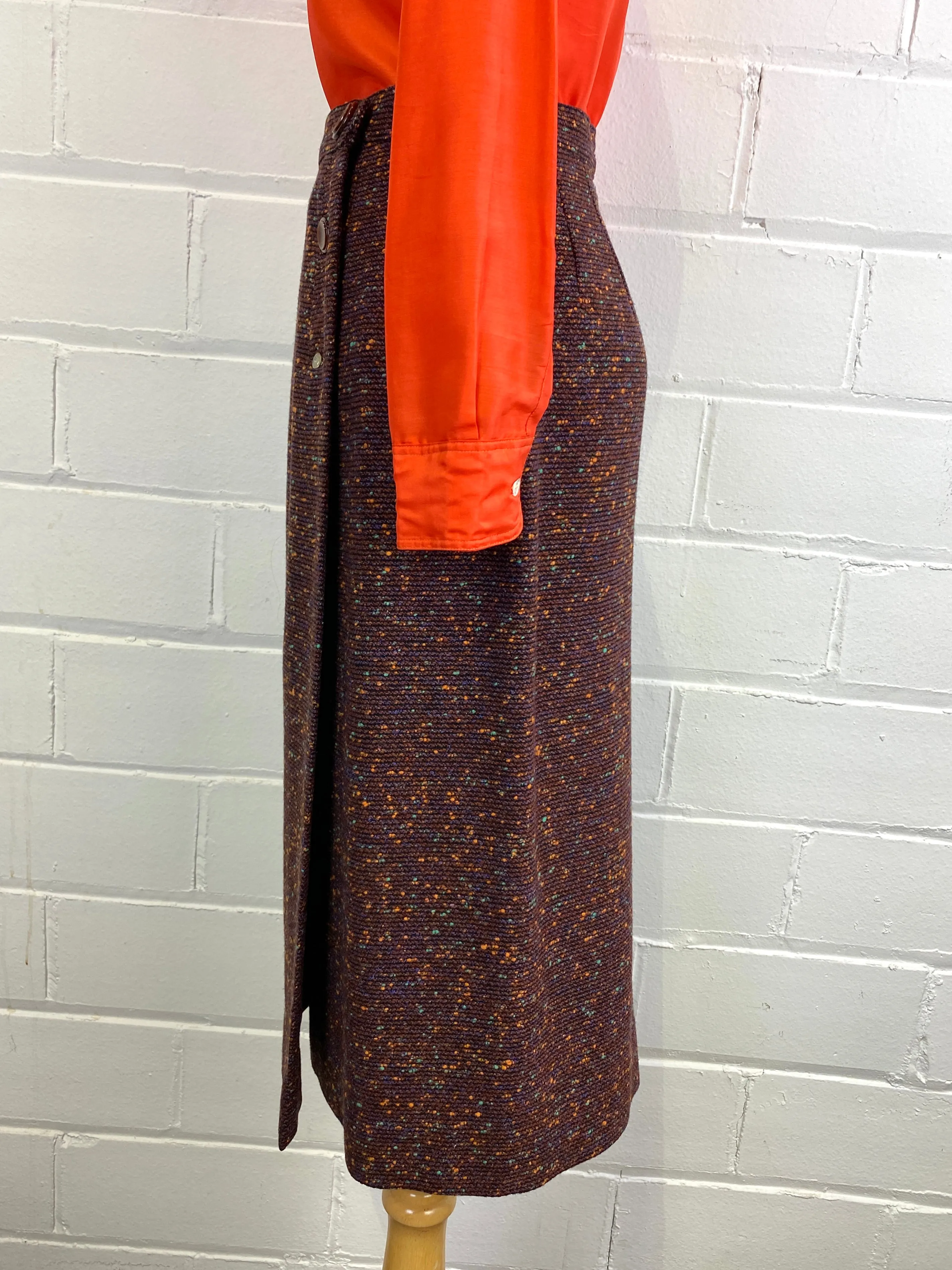 Vintage 1950s Brown Bouclé Wool Pencil Skirt,  Blue and Orange Flecks, 25W