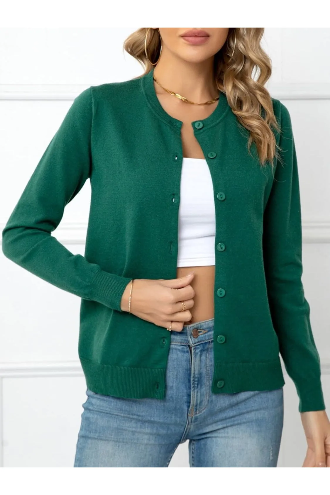 Women Button Down Round Neck Cardigan