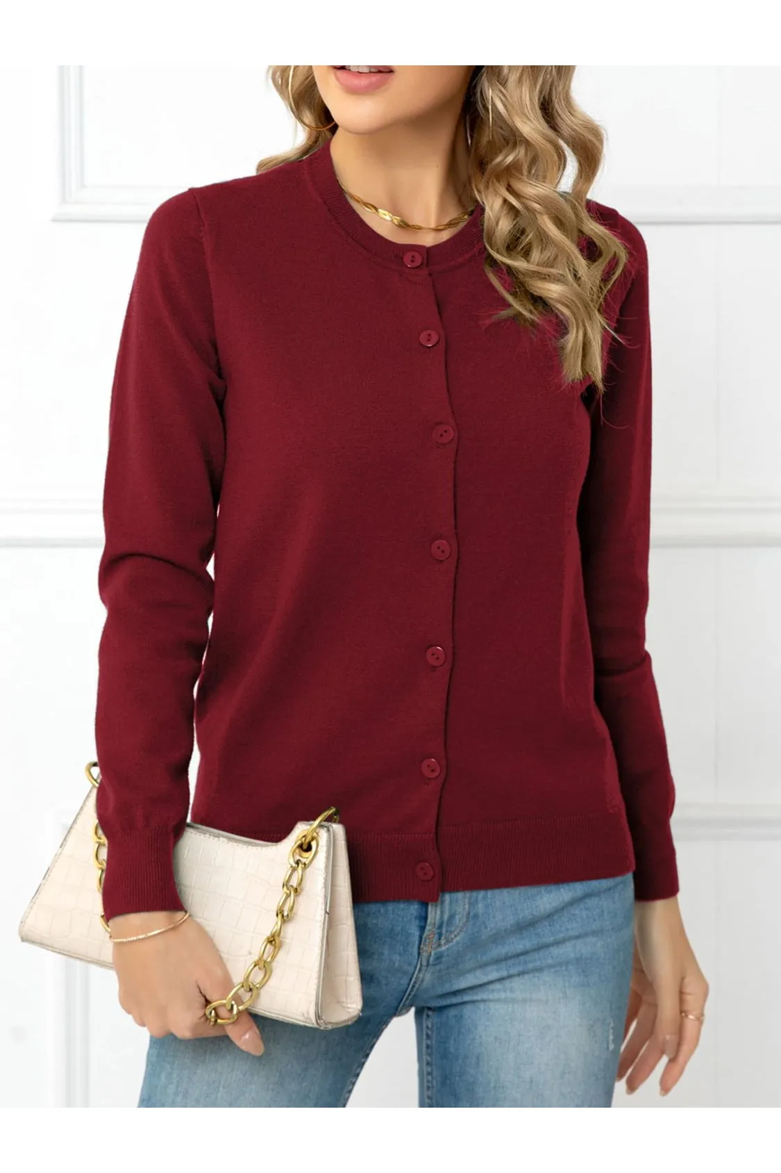 Women Button Down Round Neck Cardigan