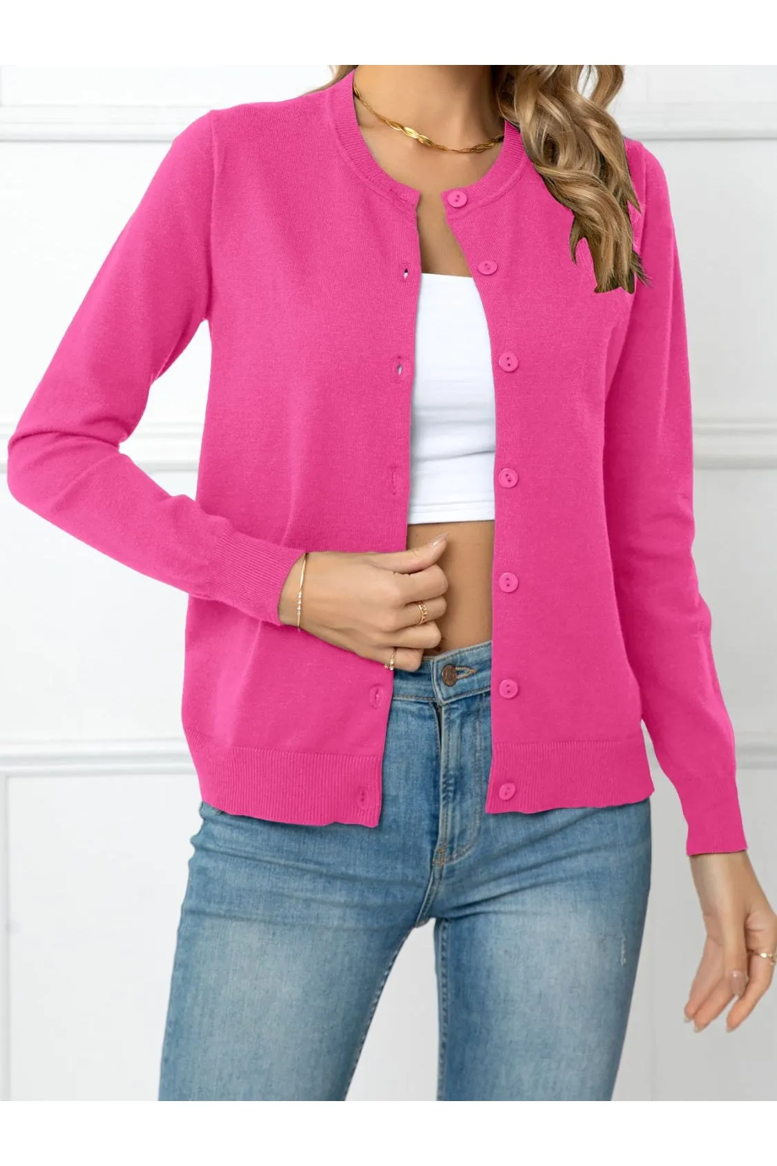 Women Button Down Round Neck Cardigan