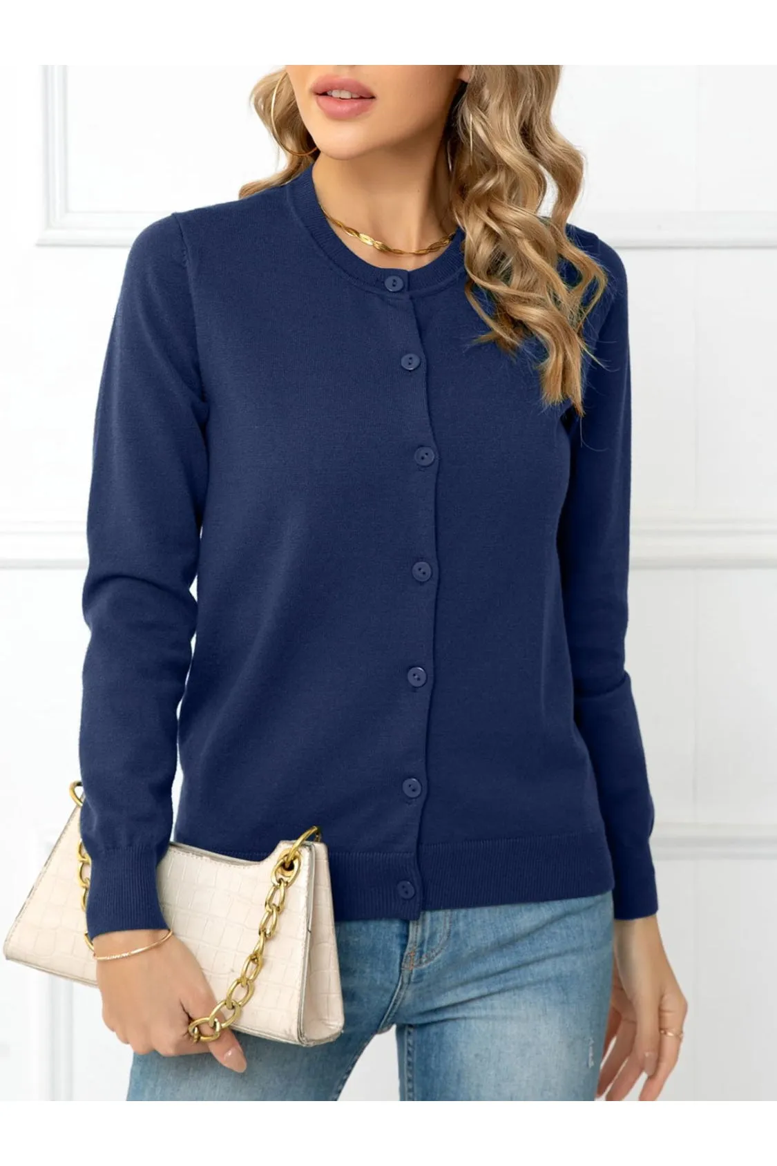 Women Button Down Round Neck Cardigan