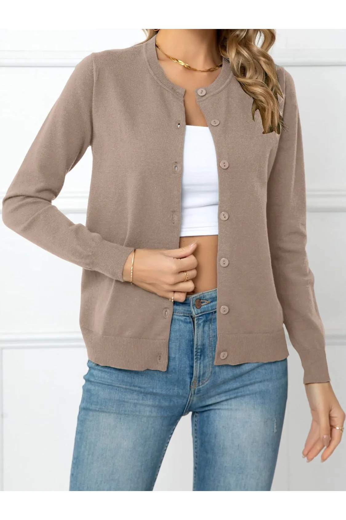 Women Button Down Round Neck Cardigan