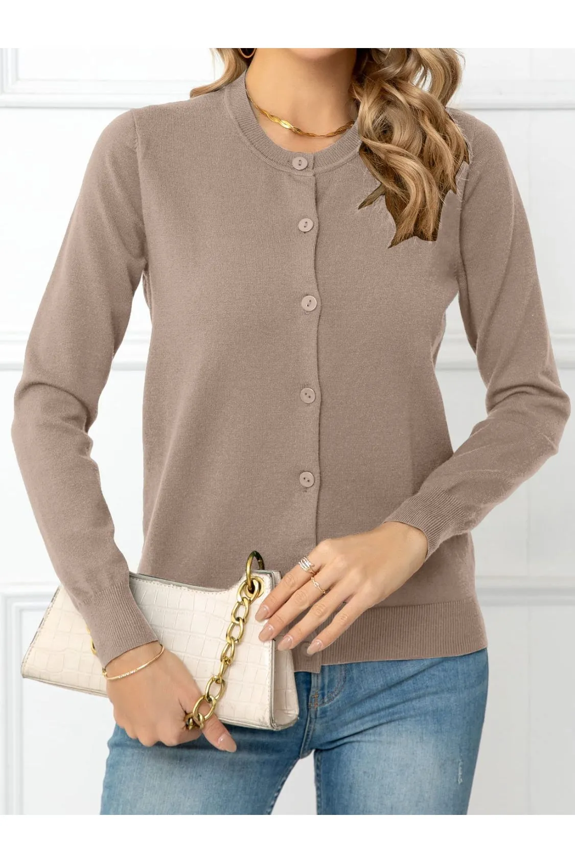 Women Button Down Round Neck Cardigan