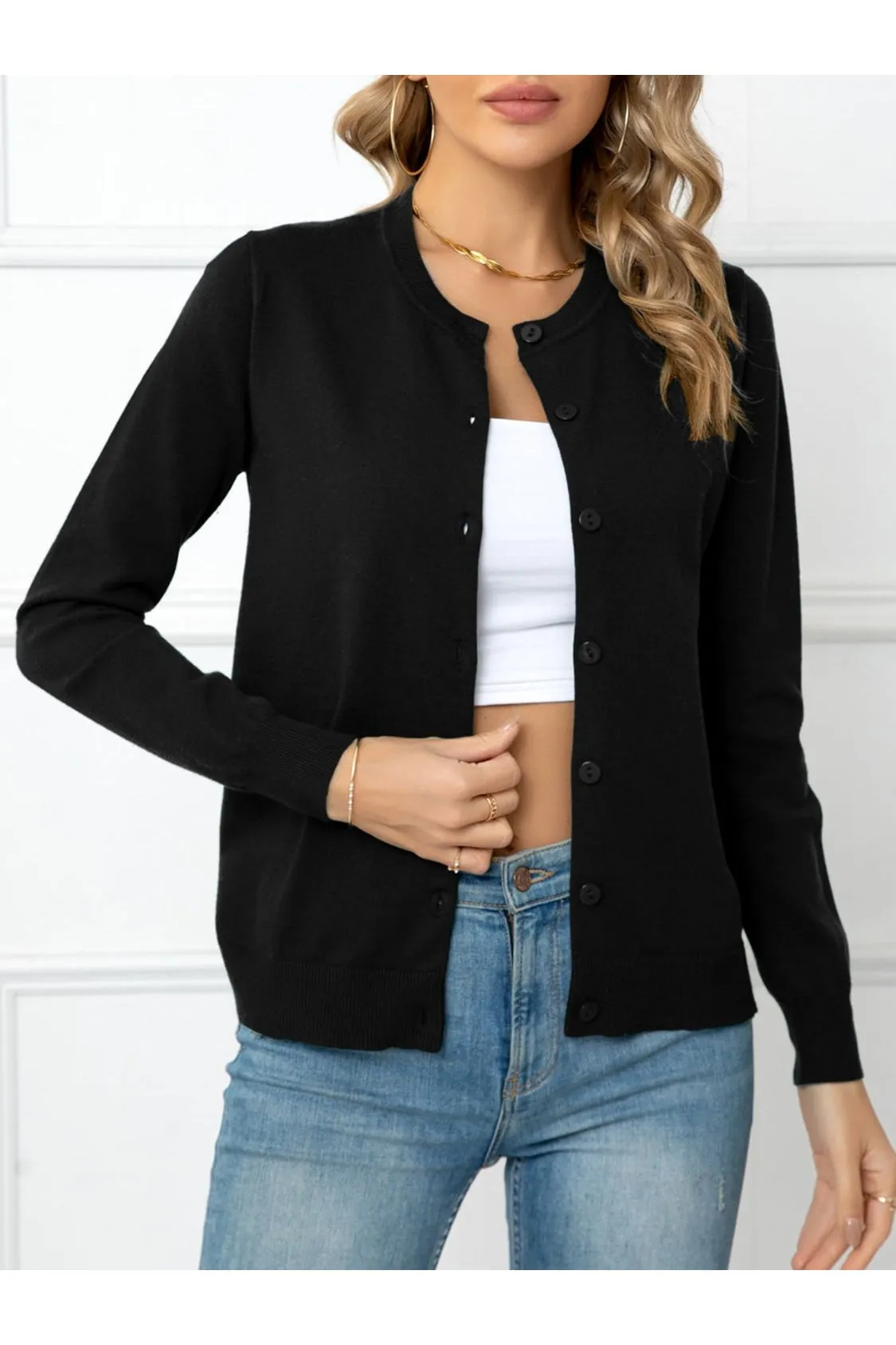 Women Button Down Round Neck Cardigan