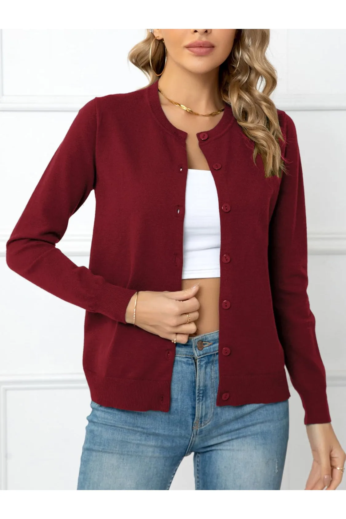 Women Button Down Round Neck Cardigan