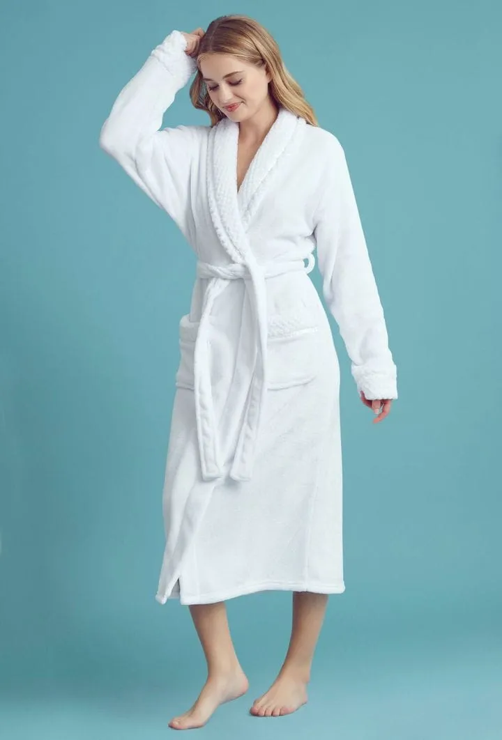 Women Plush Shawl Collar Robe, Luxury & Comfort, Lightweight & Soft, (White)