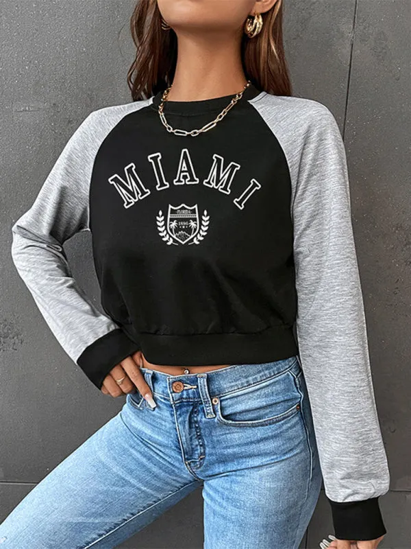 Women's Cropped Raglan Long Sleeve Slogan Sweatshirt