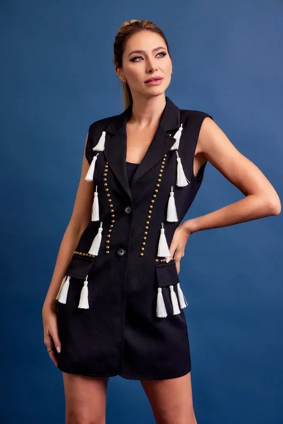 Woven Studded Sleeveless Blazer Dress Tassels BLACK