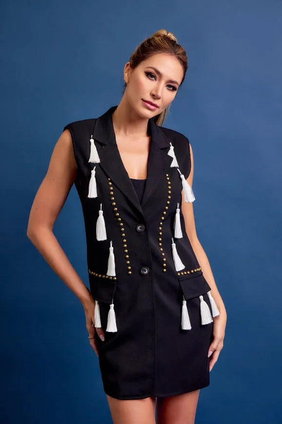 Woven Studded Sleeveless Blazer Dress Tassels BLACK